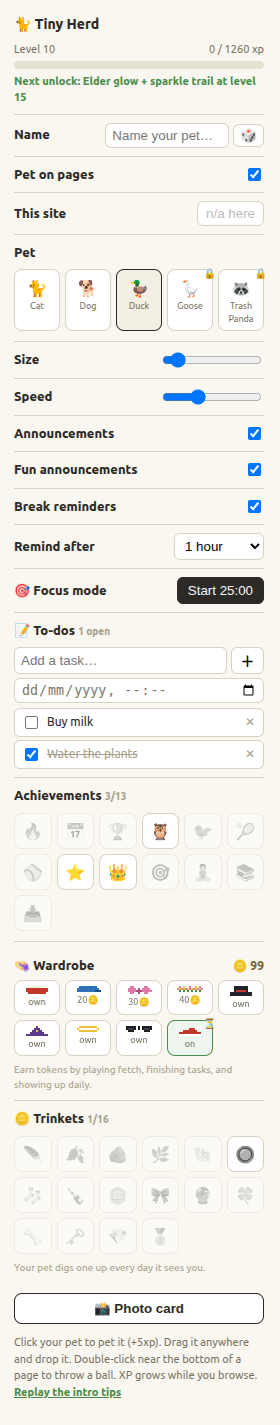 The settings popup